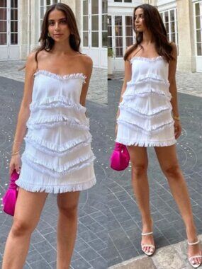 Alexis Fione Dress White Raffia Fringe Strapless Mini Size L